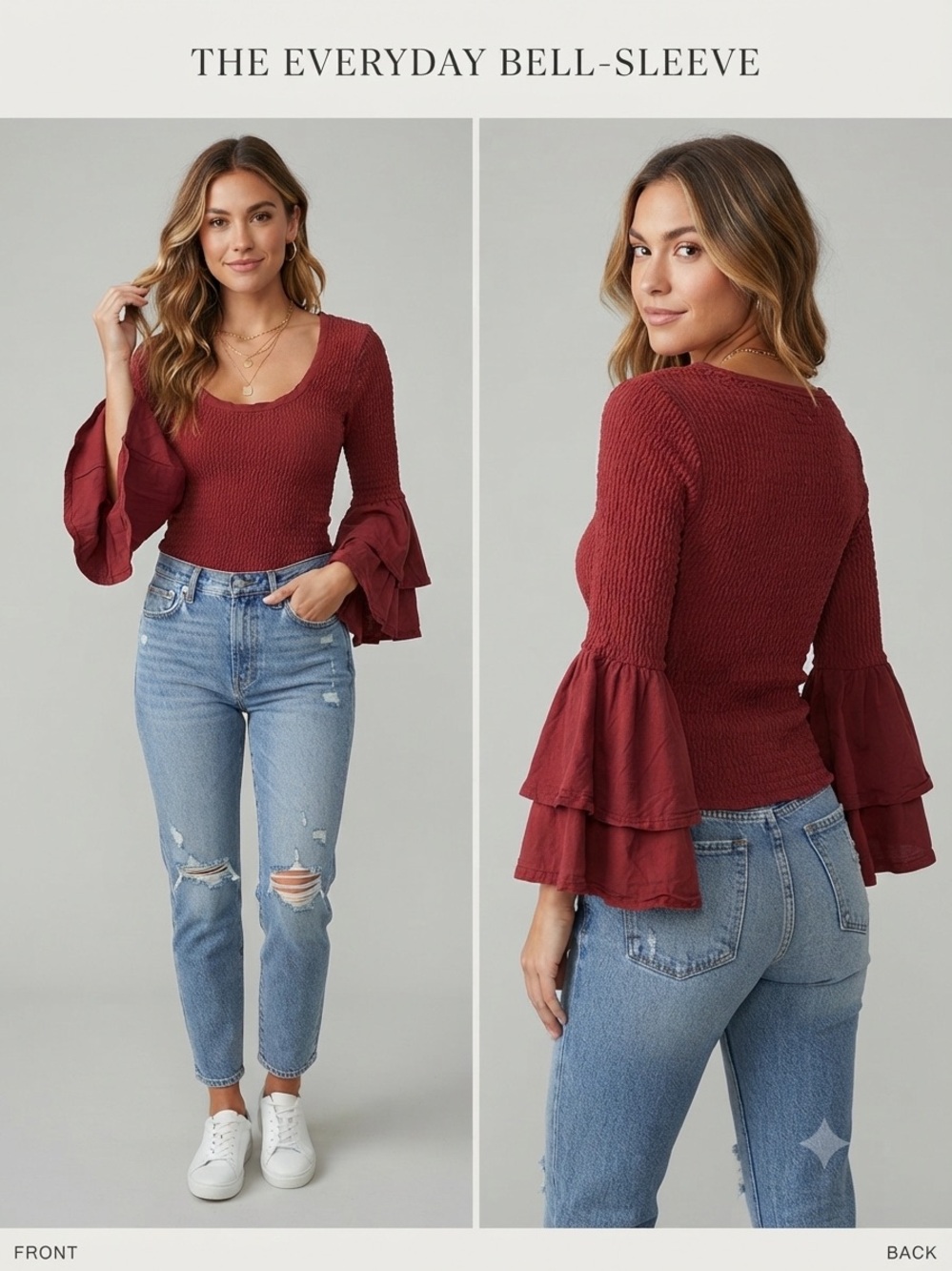 Anthropologie Everyday Bell-Sleeve Top in Deep Red , Size XS
